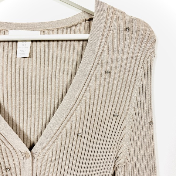 H&M Taupe Ribbed Slim-Fit Button-Up Cardigan w/ Crystal Embellishments - Picture 4 of 4